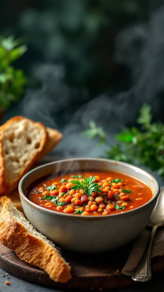 Bowl of protein-packed lentil soup with herbs, surrounded by bread.