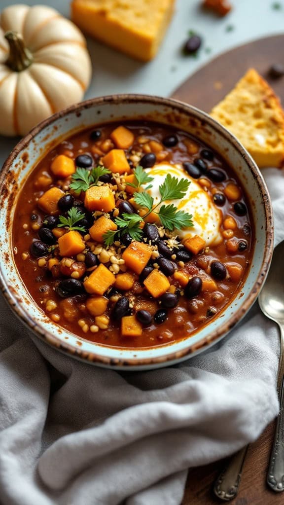 A bowl of pumpkin and black bean chili topped with cilantro and served with cornbread.