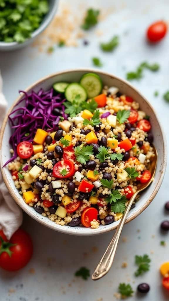 A bowl of quinoa and black bean salad with colorful vegetables.