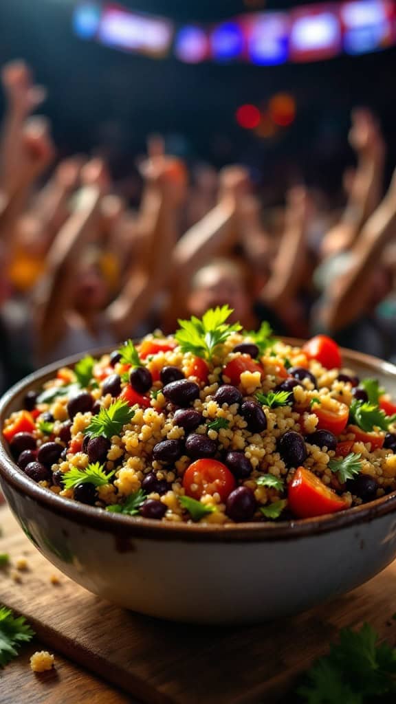 A vibrant quinoa and black bean salad in a wooden bowl, surrounded by cheering fans in the background.
