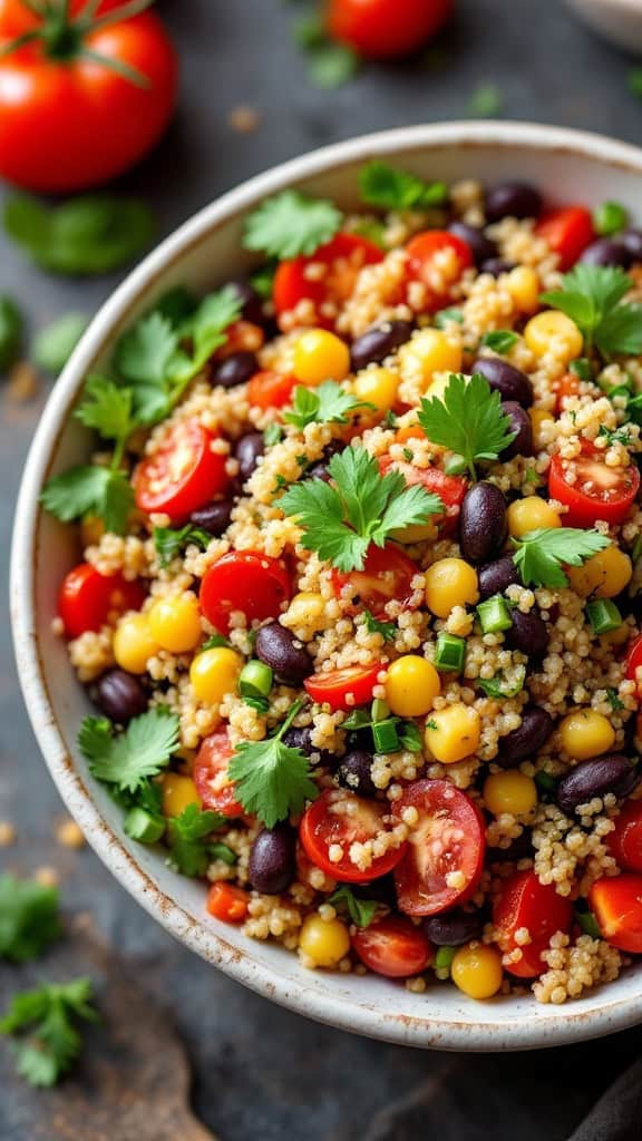 A vibrant quinoa and black bean salad with tomatoes, corn, and fresh herbs in a bowl.