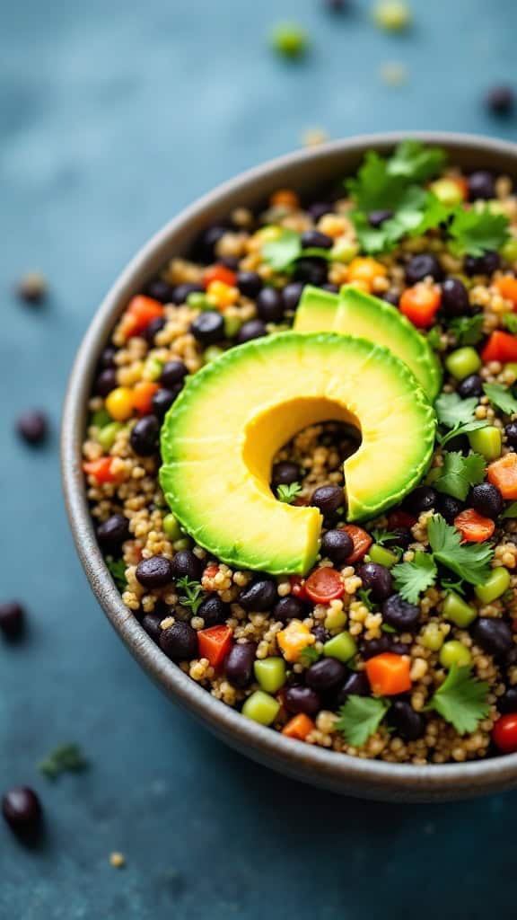 A colorful quinoa and black bean salad topped with avocado slices.