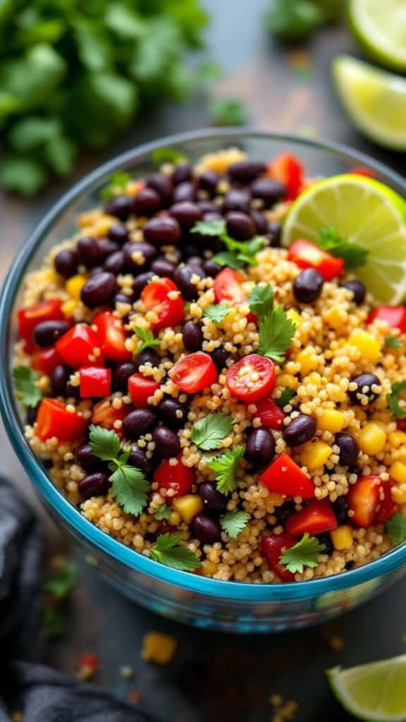 A vibrant bowl of quinoa and black bean salad with red peppers, corn, and cilantro.