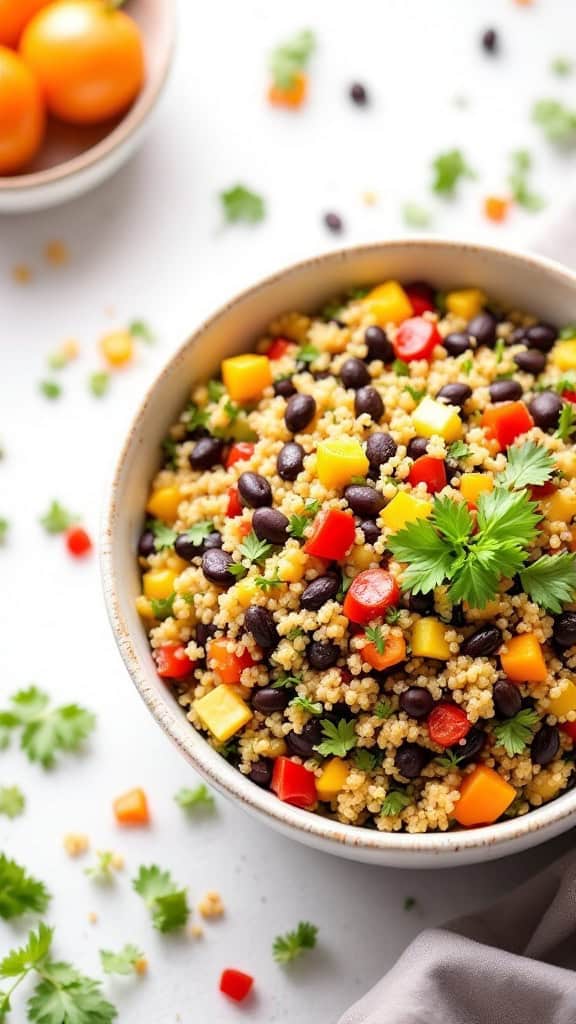 A bowl of quinoa and black bean salad with colorful vegetables and cilantro.