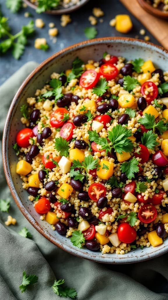 A bowl of quinoa and black bean salad with colorful vegetables.