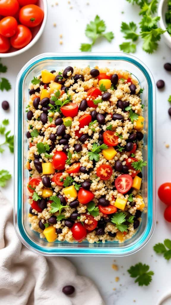A vibrant quinoa and black bean salad with cherry tomatoes and cilantro in a glass container.