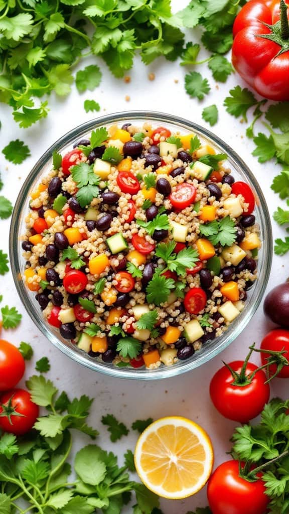 A vibrant quinoa and black bean salad with fresh vegetables, topped with cilantro.