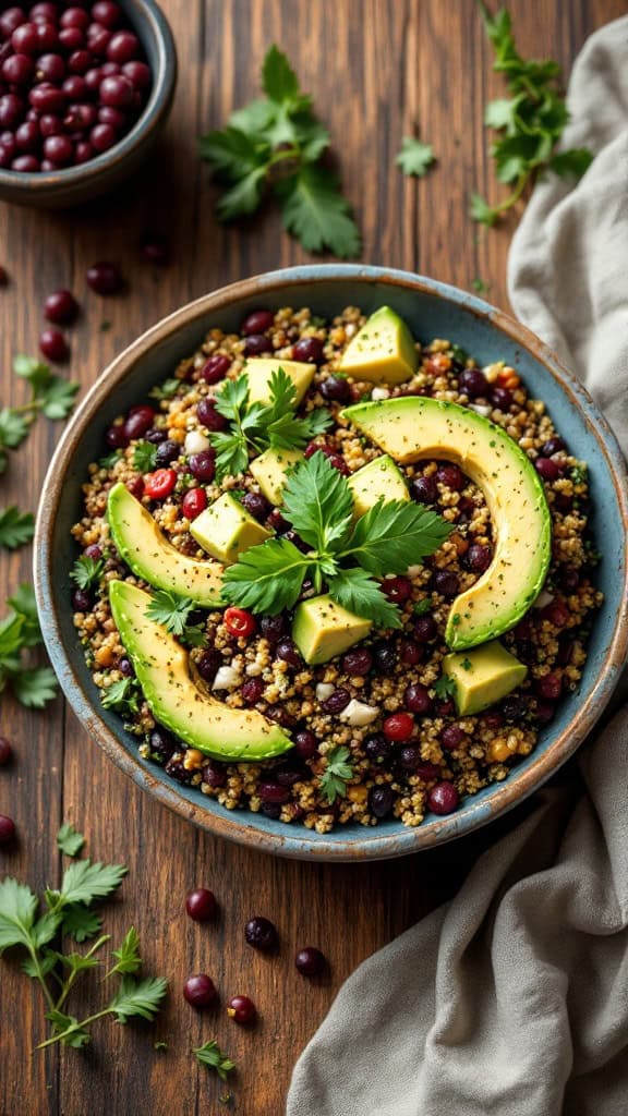 A vibrant quinoa and black bean salad topped with avocado slices and fresh herbs.