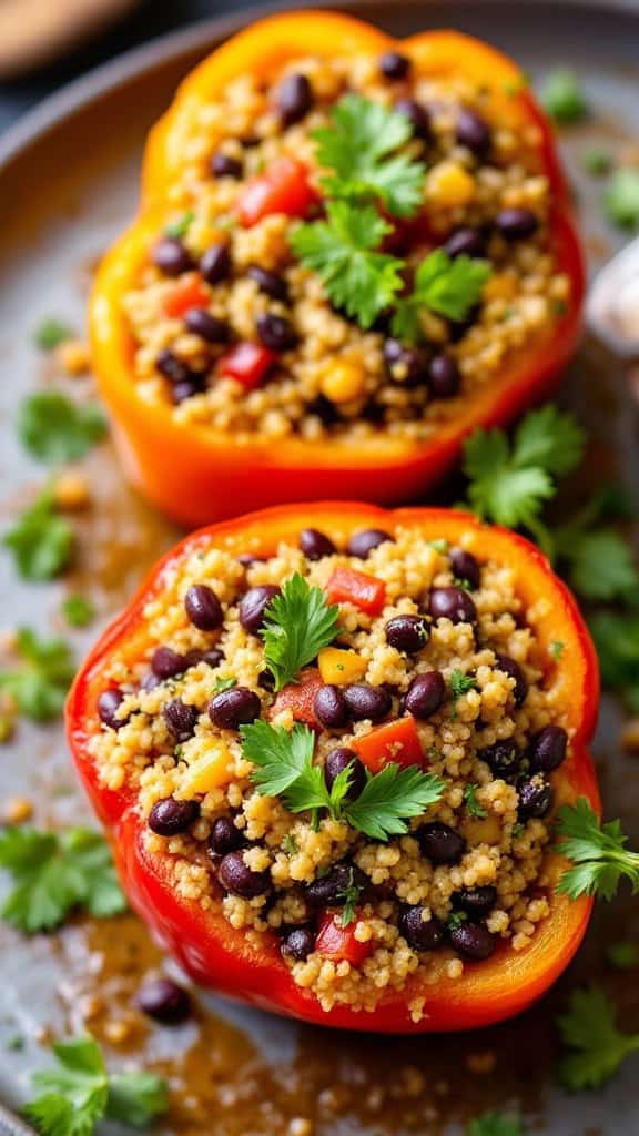 Colorful stuffed peppers filled with quinoa and black beans, garnished with cilantro.