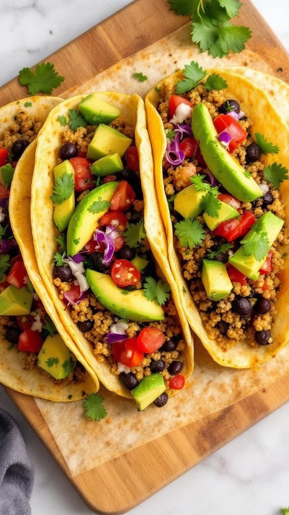 Three quinoa and black bean tacos topped with avocado, tomatoes, and cilantro on a wooden board.