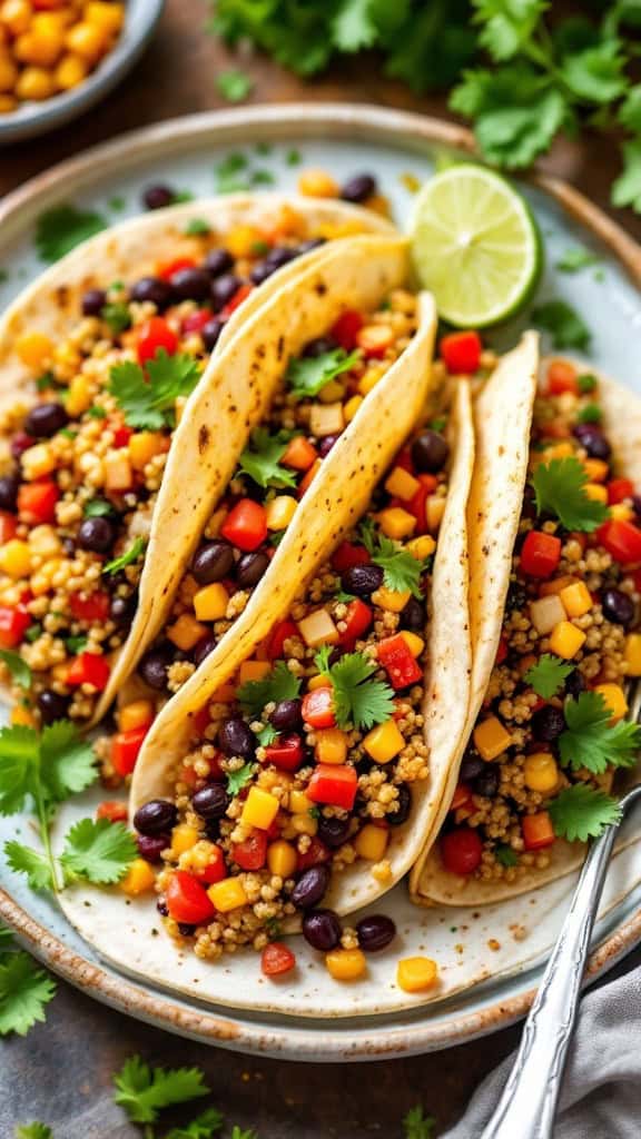 Quinoa and black bean tacos with colorful vegetables and lime