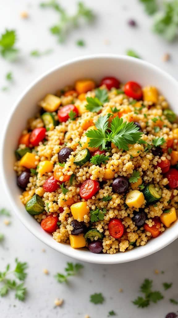 A vibrant quinoa and roasted vegetable salad in a bowl, featuring tomatoes, black beans, yellow squash, and herbs.