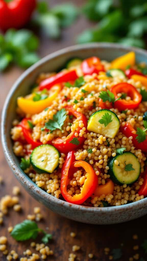 A colorful bowl of quinoa and vegetable stir-fry with bell peppers and zucchini.