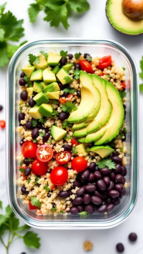 A quinoa salad with avocado, black beans, and cherry tomatoes in a container.