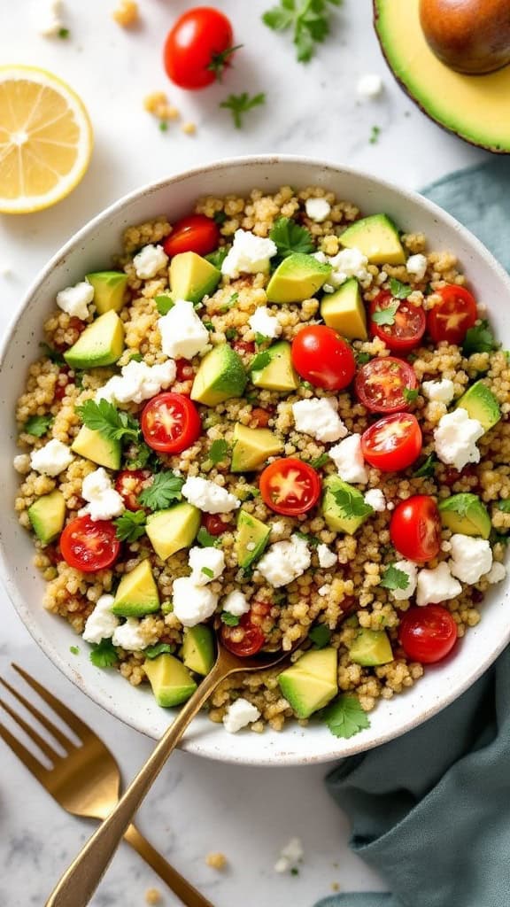 A vibrant quinoa salad with avocado, feta cheese, cherry tomatoes, and fresh herbs.
