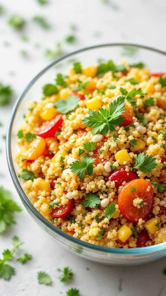 A bowl of quinoa salad with cherry tomatoes, peppers, and cilantro garnished.