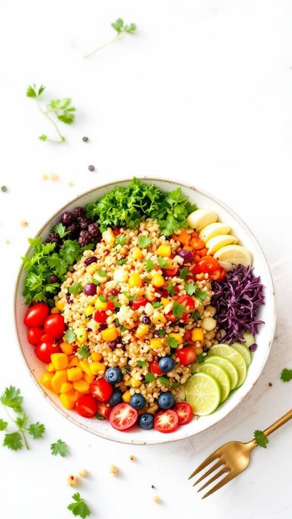 A colorful quinoa salad with cherry tomatoes, mango, blueberries, red cabbage, and lime slices.