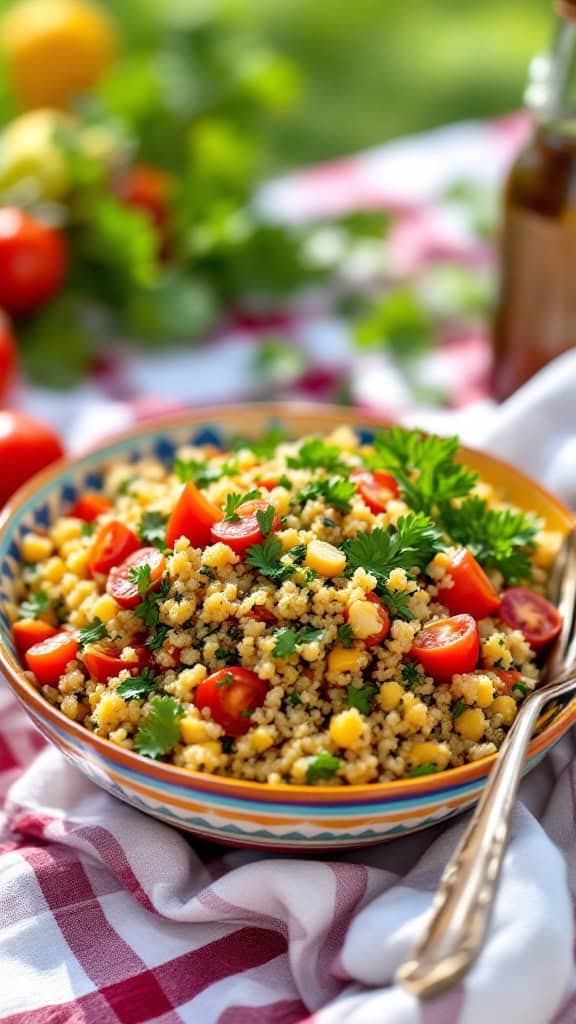 A colorful quinoa tabbouleh salad with tomatoes and parsley in a bowl