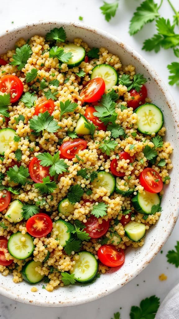 A bowl of quinoa tabbouleh salad with cucumbers, tomatoes, and cilantro