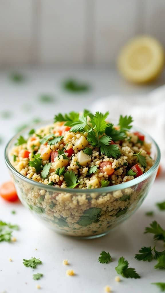 A bowl of quinoa tabbouleh with parsley, tomatoes, and other colorful vegetables.