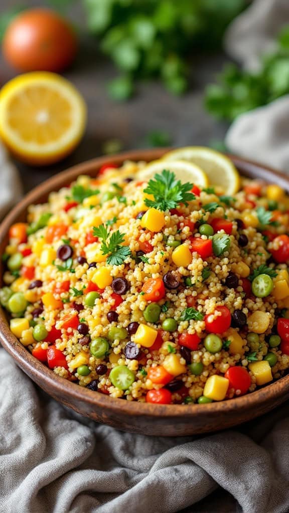 A vibrant quinoa vegetable salad featuring colorful ingredients like red peppers, corn, and green peas, garnished with parsley and lemon slices.