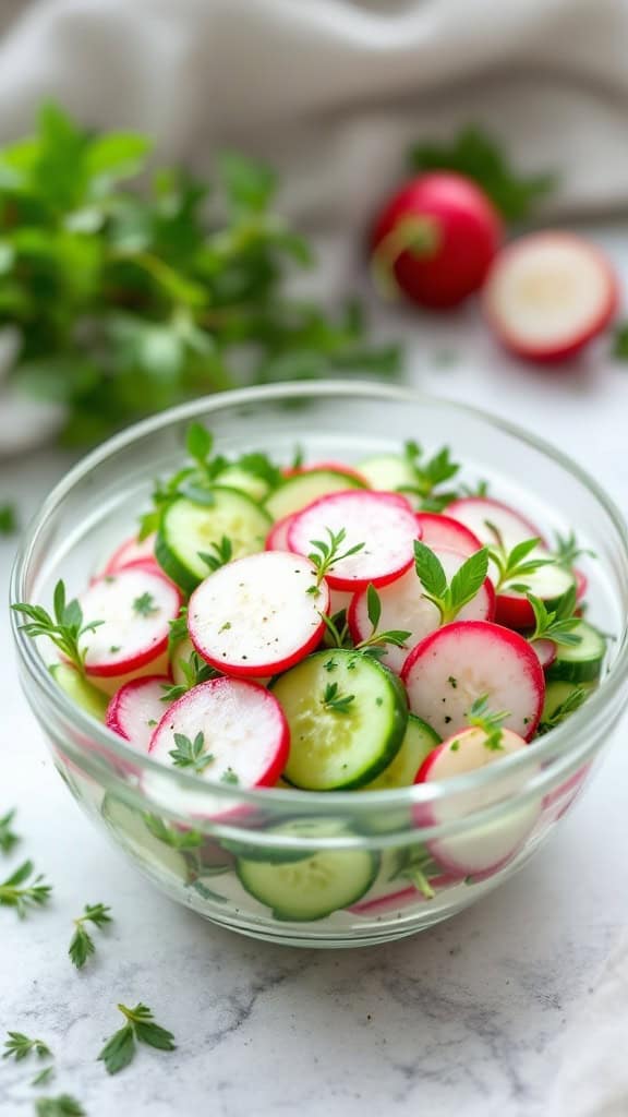 A bowl of sliced radishes and cucumbers mixed with herbs.