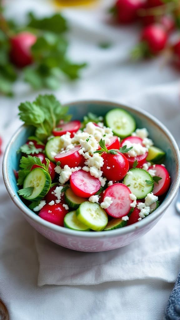 A colorful bowl of radish and cucumber salad topped with feta cheese, surrounded by fresh radishes.