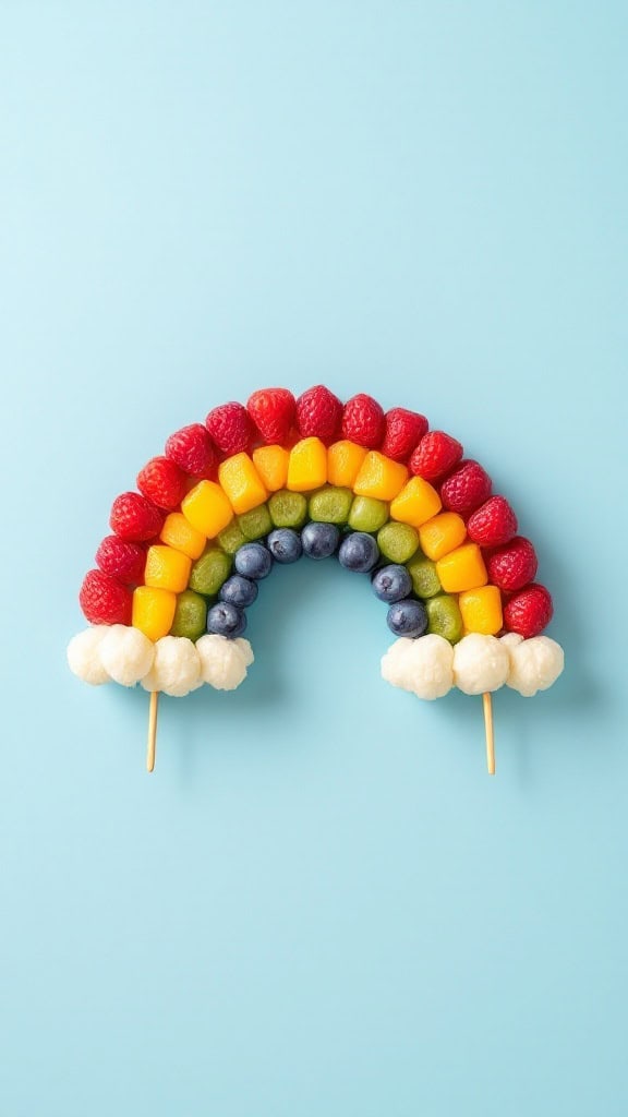 Colorful fruit skewers arranged in the shape of a rainbow