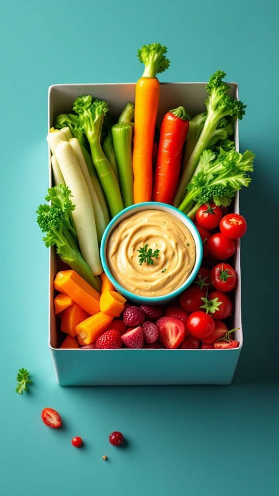 A vibrant snack box filled with fresh raw vegetables and hummus.