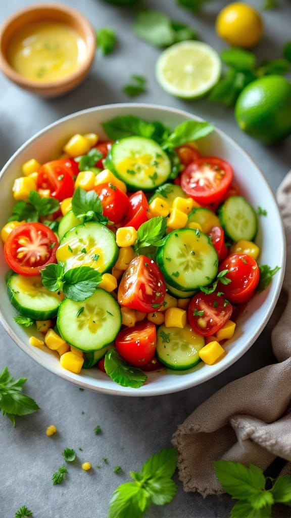 A bowl of colorful cucumber and tomato salad with fresh herbs and corn.