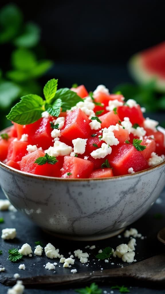A bowl of watermelon feta salad with mint leaves and crumbled feta cheese.