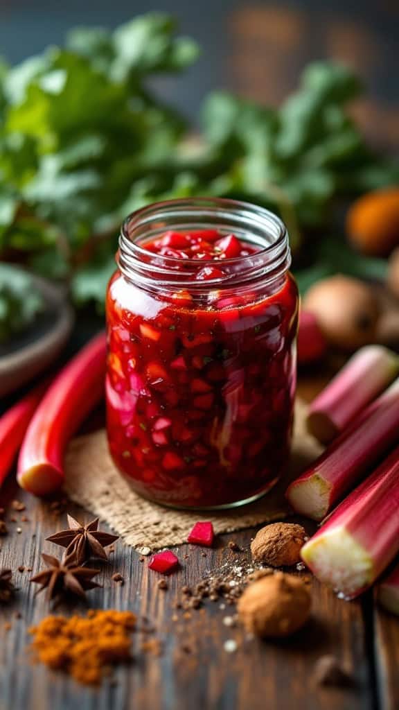 A jar of vibrant rhubarb chutney surrounded by fresh rhubarb stalks and spices.