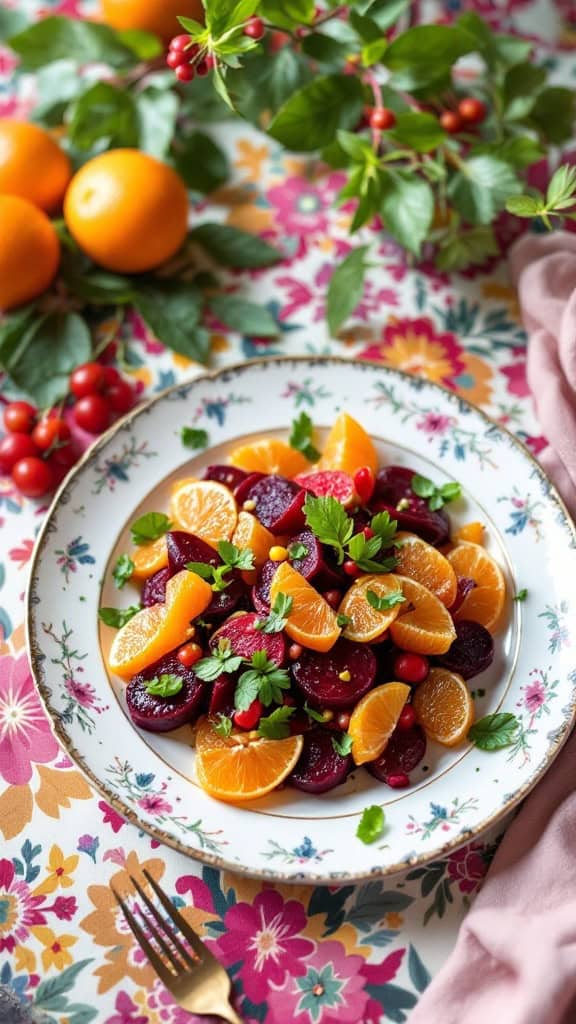 A colorful plate of roasted beet and citrus salad with oranges, pomegranate seeds, and fresh herbs on a floral tablecloth.