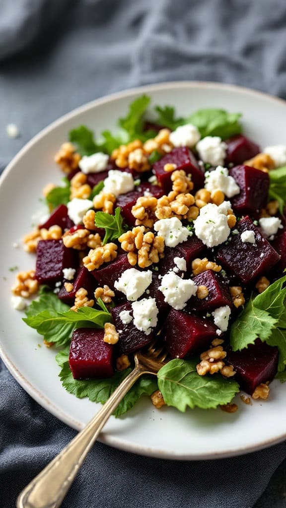 A colorful roasted beet and goat cheese salad with greens and nuts on a plate.