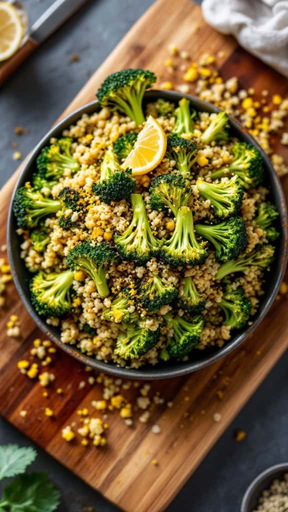 A vibrant roasted broccoli and quinoa salad on a wooden cutting board, garnished with lemon slices.