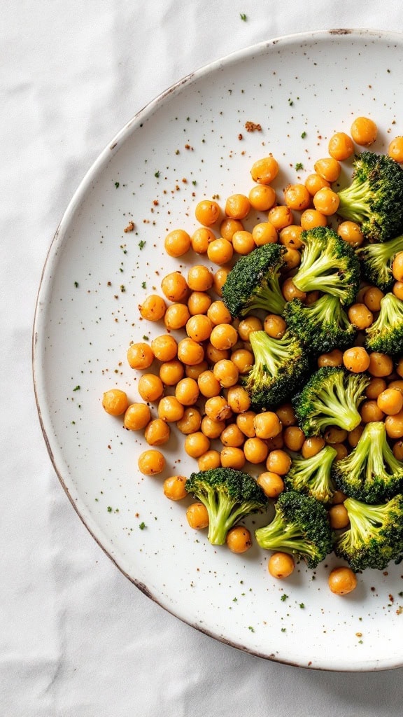 A plate of roasted chickpeas and broccoli seasoned with spices.