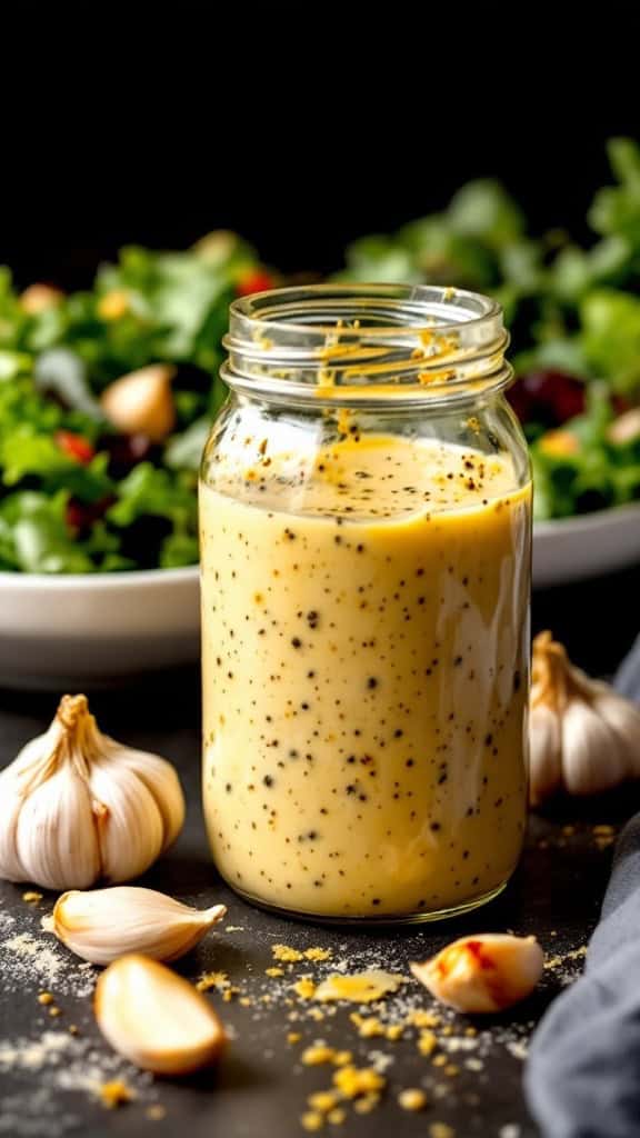 A jar of creamy roasted garlic dressing with garlic cloves around it.