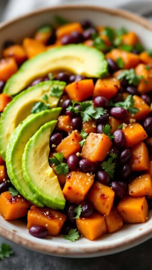 A bowl filled with roasted sweet potatoes, black beans, avocado slices, and cilantro