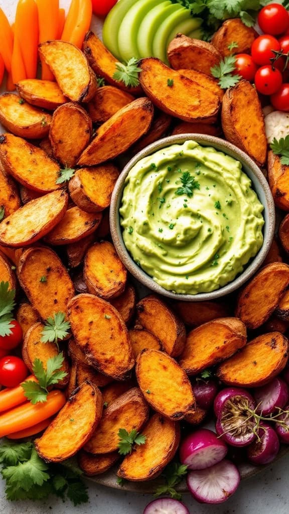 Roasted sweet potato wedges served with a creamy avocado dip, surrounded by fresh vegetables.