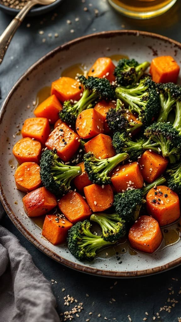 A plate of roasted sweet potatoes and broccoli, garnished with sesame seeds.
