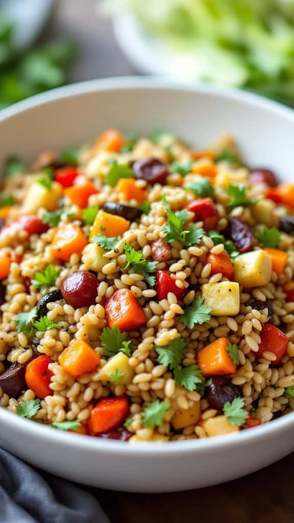 A colorful bowl of roasted vegetable and barley salad with various vegetables and herbs.