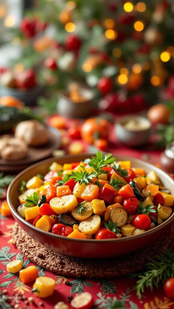 A colorful bowl of roasted vegetables including squash, cherry tomatoes, and zucchini, set on a festive table.