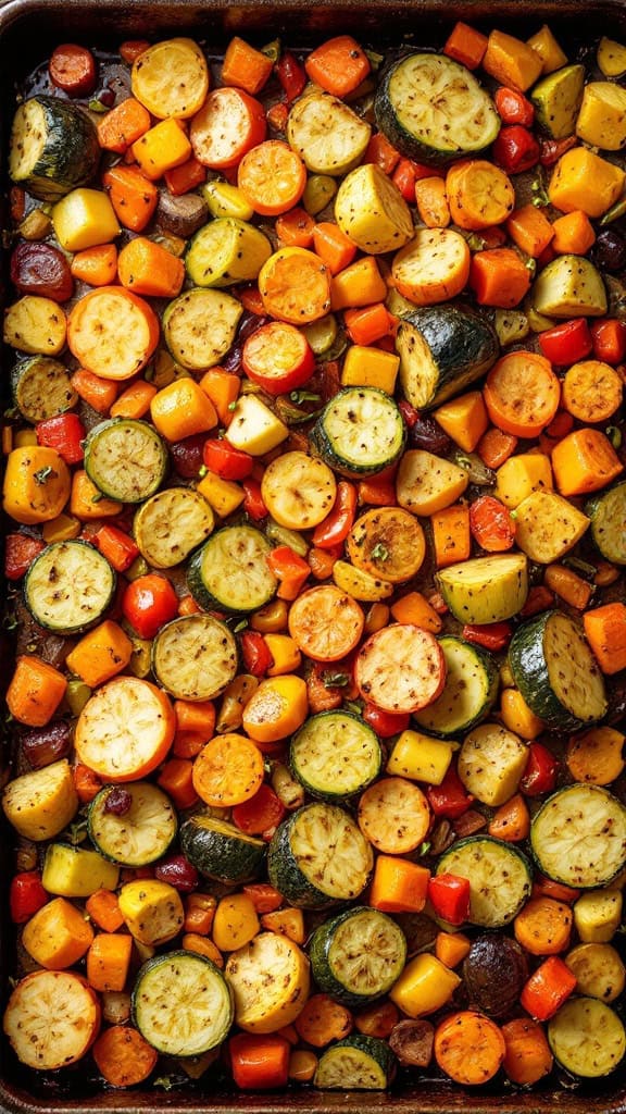 A vibrant medley of roasted vegetables including zucchini, carrots, and peppers.