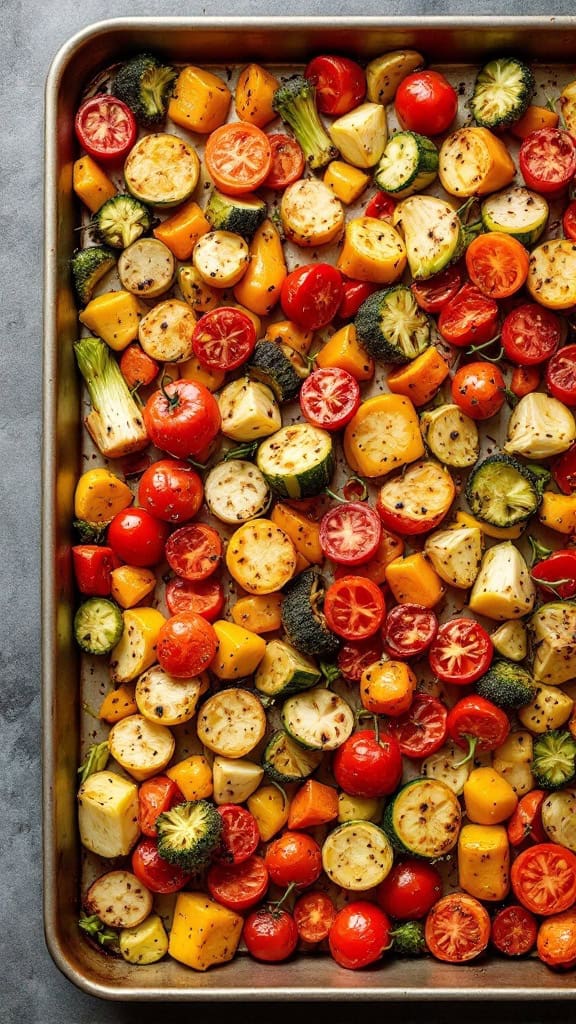 A tray of roasted vegetables including tomatoes, zucchini, and broccoli.
