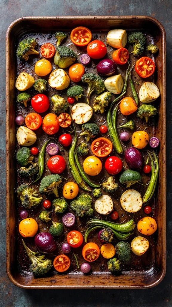A tray filled with roasted seasonal vegetables including cherry tomatoes, broccoli, and purple potatoes.