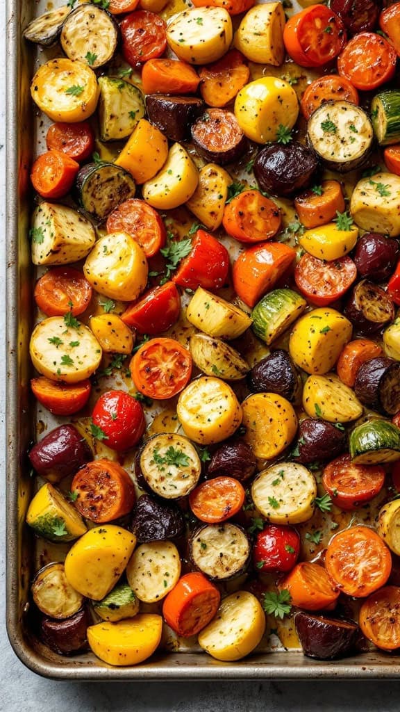 A tray of roasted colorful vegetables including tomatoes, carrots, and squash.