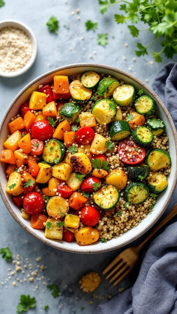 A bowl filled with roasted vegetables and quinoa, showcasing vibrant colors of red, yellow, and green.