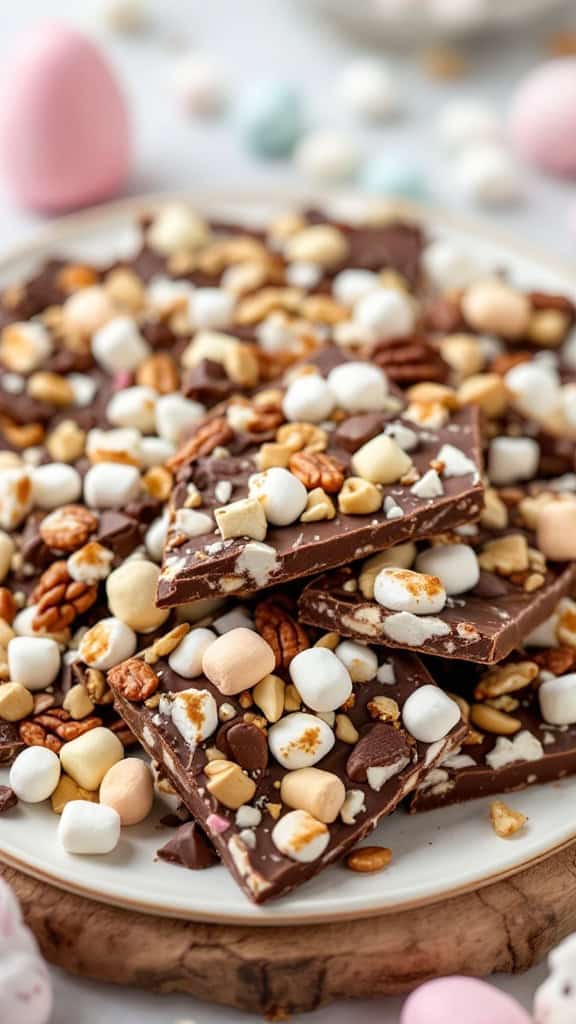 A close-up of Rocky Road Easter Bark with chocolate, nuts, and marshmallows.