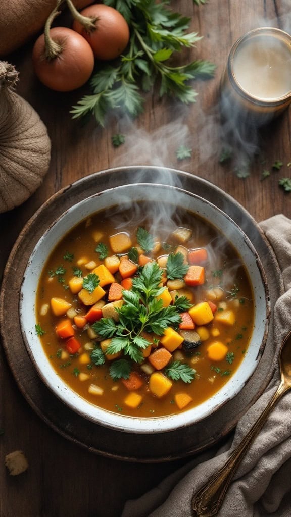 A bowl of steaming root vegetable soup topped with fresh parsley, surrounded by various root vegetables on a wooden table.
