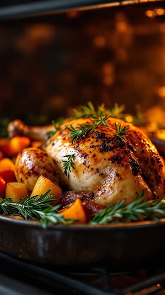 A beautifully roasted chicken surrounded by colorful vegetables and garnished with fresh rosemary.